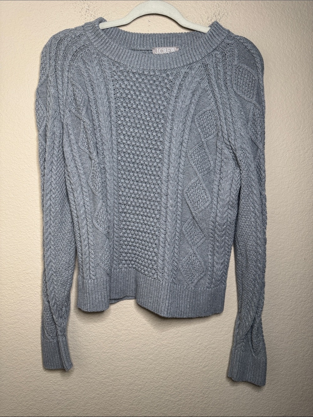 J. Crew 100% Cotton Light Blue Cable-Knit Crewneck Sweater Size Small